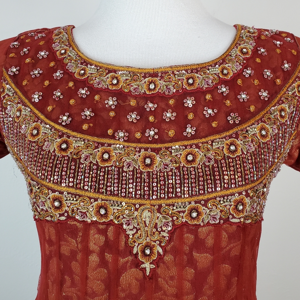 Traditional Indian Dress Pakistani Beaded Floral Embellished Metallic Burnt Red - Picture 5 of 16